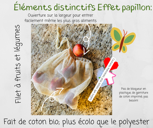 Éléments distinctifs des sacs à fruits et légumes en filet Effet papillon boutique